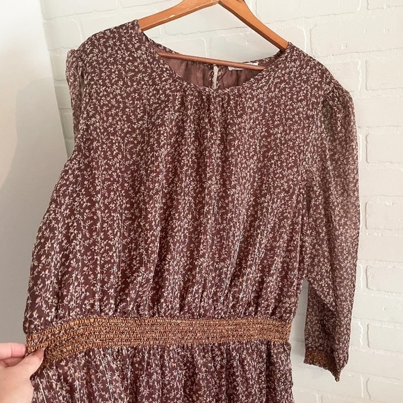 Dex Mini Dress Fall Floral Print Sheer Long sleeve Smocked waist Brown Sz 3X - Picture 9 of 16